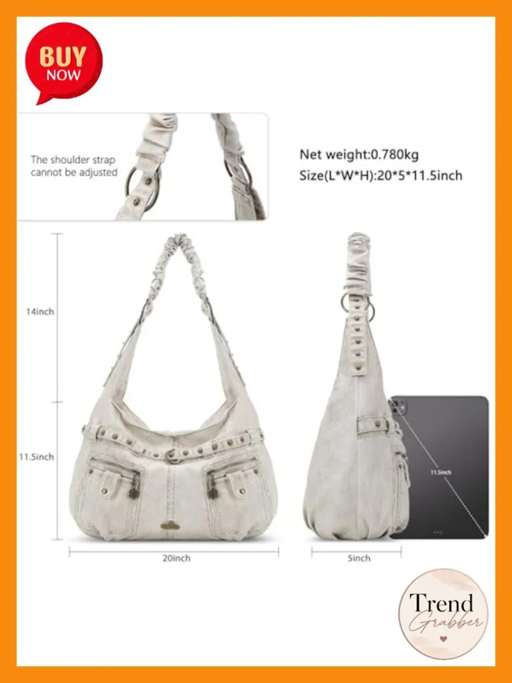 Large Hobo Shoulder Bag Faux Leather Multi-Pocket Tote Handbag with Studs